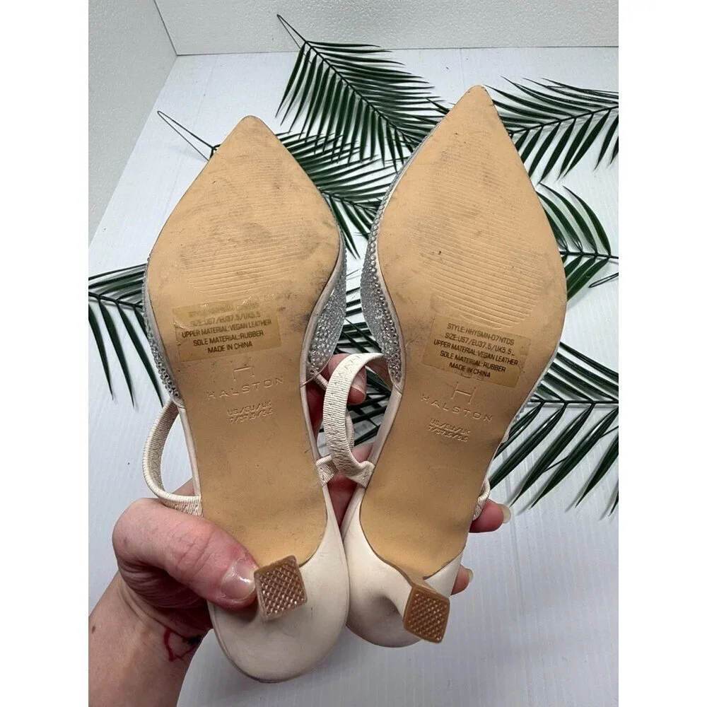 Halston Women's Gray Leather Yasmine Embellished Evening Pointed Toe Mules Sz 7